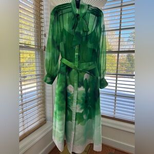 RICKIE FREEMAN FOR TERI JON
Pleated Tie-Neck Mixed Media Midi Shirtdress